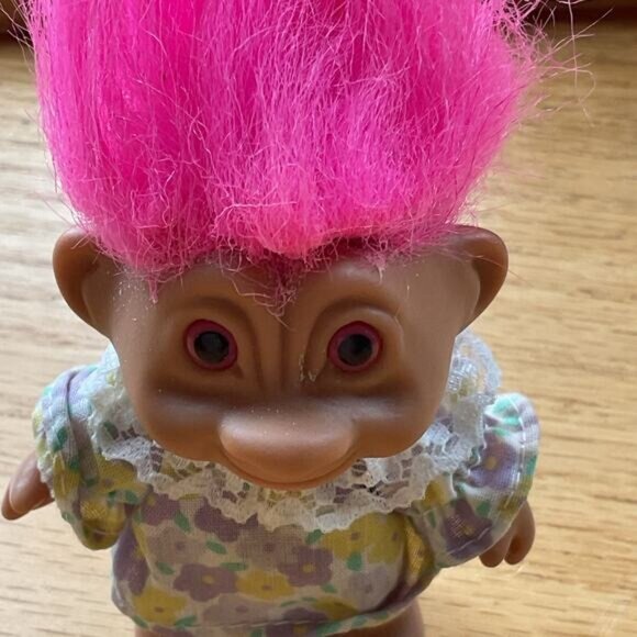 Pink Haired Troll Doll in Purple Yellow Flower Dress 3" - Picture 2 of 3